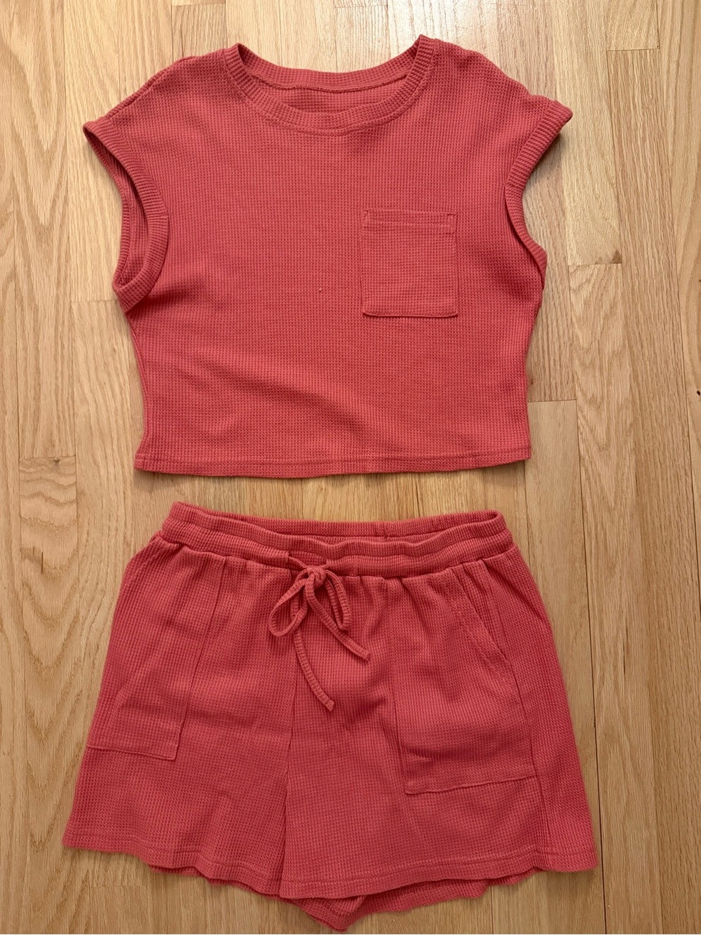 Waffle Knit Cropped Tank & Drawstring Shorts Set - Coral